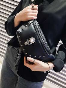 男士朋克腰包皮帶包時尚骷髏圖案臀包多功能戶外男士腰包斜挎包胸包臀包防水情人節禮物 - 黑色 - 查看 8