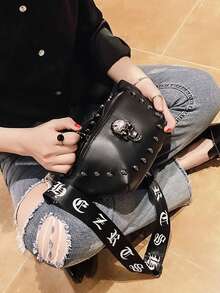 男士朋克腰包皮帶包時尚骷髏圖案臀包多功能戶外男士腰包斜挎包胸包臀包防水情人節禮物 - 黑色 - 查看 10