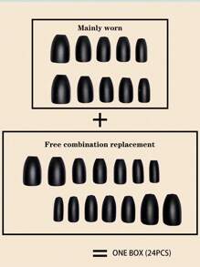 24入組啞黑色假指甲貼紙套組，彈跳咖啡杯棺材形狀指甲貼紙，附指甲果凍和指甲文件，壓貼式假指甲，美甲用品 - 黑色 - 查看 4