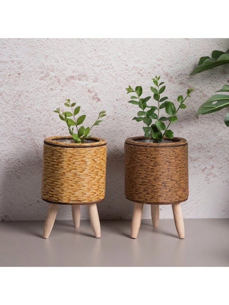 Supporto Per Piante In Rattan E Bambù Con Gambe In Legno - Cesto Portavaso Intrecciato Per Decorazione Casa, Due Misure - 3