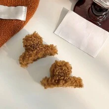 2入組女士可愛毛絨迷你髮卡，萬用公主甜美側夾適用於前瀏海，幼細髮片髮夾，半扎髮頭飾 - 棕色 - 查看 11