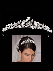 1 件欧美风格新娘合金花朵和人造珍珠装饰小皇冠头饰，婚礼派对发饰皇家头饰万圣节 - 銀色 - 查看 2