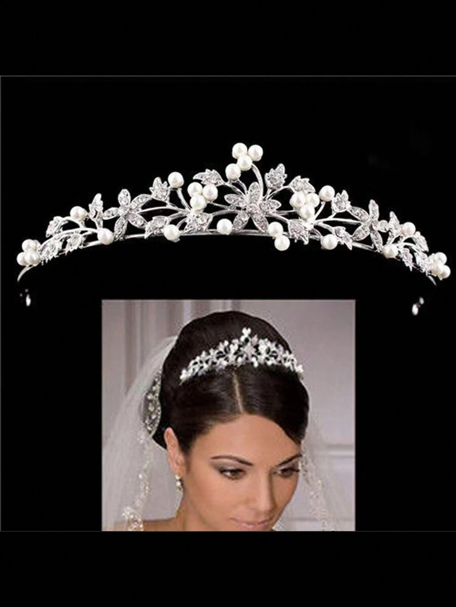 1 件欧美风格新娘合金花朵和人造珍珠装饰小皇冠头饰，婚礼派对发饰皇家头饰万圣节