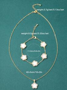 Two-Piece Set Of Fashionable And Luxurious Five-Petal Flower Micro-Paved Copper Necklace And Bracelet For Women'S Daily Date And Birthday Gift - White - View 5