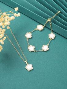 Two-Piece Set Of Fashionable And Luxurious Five-Petal Flower Micro-Paved Copper Necklace And Bracelet For Women'S Daily Date And Birthday Gift - White - View 1
