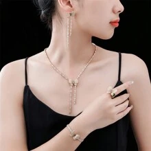 1 套女士创意蝴蝶设计首饰套装，包括带 Aaa 的铜涂层吊坠、耳环、项链、手链和戒指；情人节和节日的理想礼物 - 白色 - 查看 2