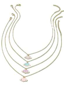 4入組/套可愛簡約設計的油滴心形和星球項鍊，搭配“愛”吊墜，適合女孩日常佩戴 - 彩色 - 查看 6