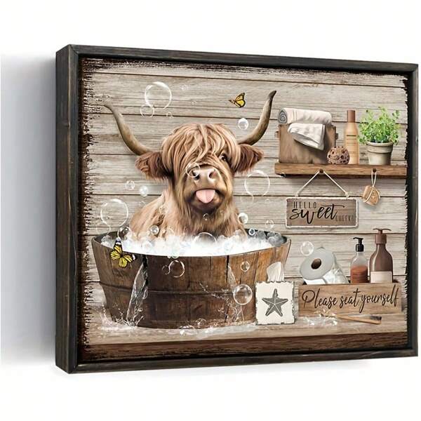 1pc Canvas Poster, Rustic Art, Funny Bathroom Wall Art Decor, Highland Cow Wall Art, Farmhouse Bathroom Decor, Ideal Gift For Bedroom Living Room Corridor, Wall Art, Wall Decor, Fall Decor, Wall Decor, Room Decoration, No Frame Gifts Birthday Graduation