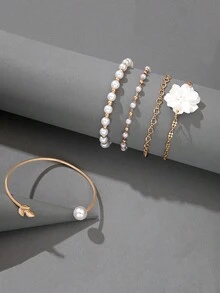 5pcs/Set Fresh And Personalized Open Design White Floral Pearl Beaded Bracelets - Gold - View 3