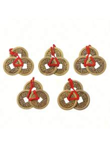Juego de 10 monedas chinas de latón tradicionales con cuerda roja que representan la riqueza y el éxito (5 diseños), el mejor regalo - 5 piezas - Ver 1