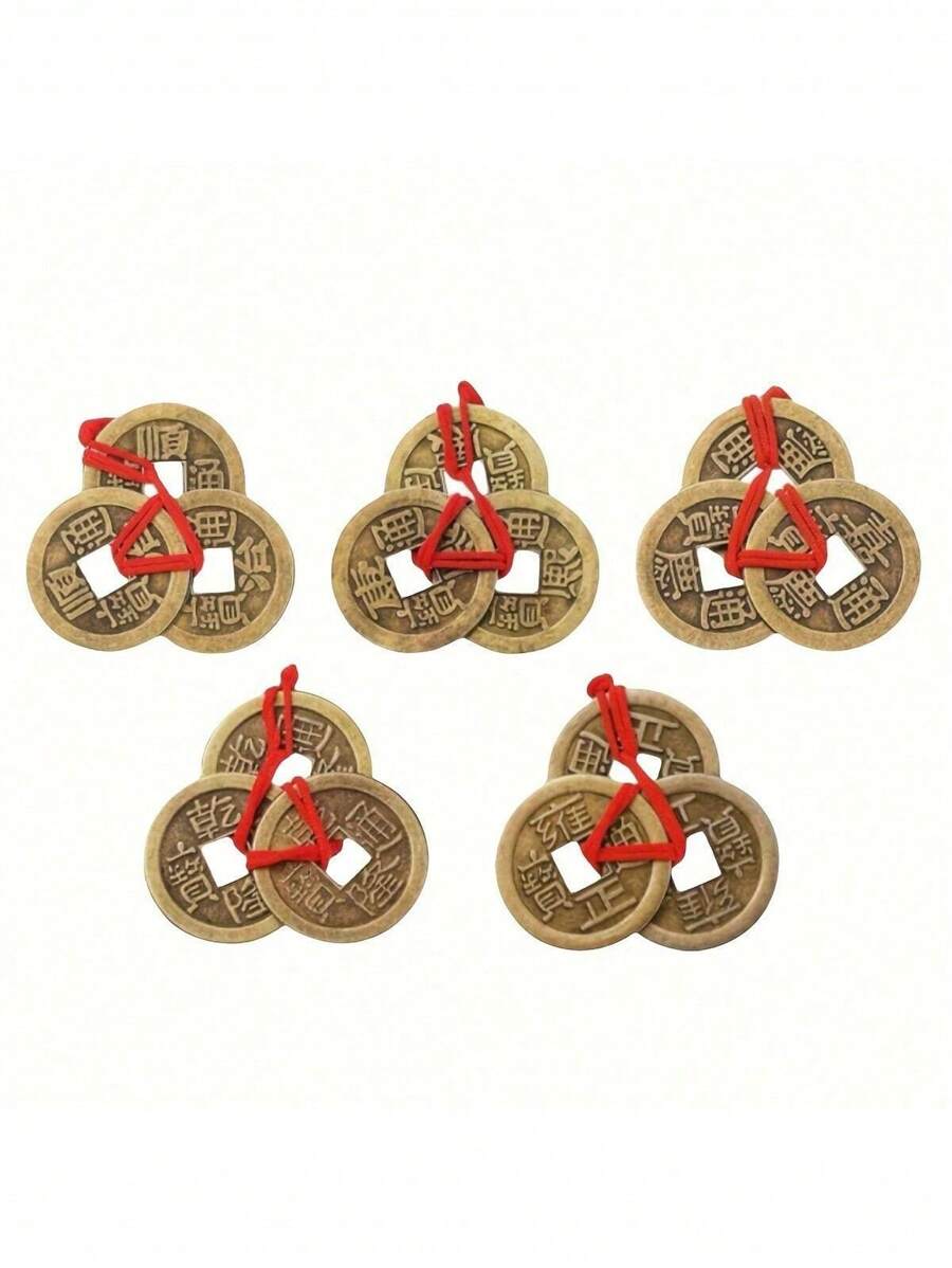 Juego de 10 monedas chinas de latón tradicionales con cuerda roja que representan la riqueza y el éxito (5 diseños), el mejor regalo - 5 piezas - Ver 1