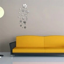 1套/14入組銀色花形三維鏡面牆貼,餐廳走廊樓梯裝飾鏡面貼紙,家居用品 - 銀色 - 查看 3