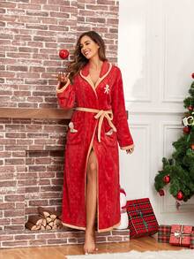 1 件簡約印花女款加厚法蘭絨保暖連帽聖誕長袍,適合秋冬家居使用 - 紅色 - 查看 2