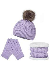 Children's Single-Ball Rabbit Fur-Like Jacquard Warm Knitted Hat, Scarf, And Gloves Set For Ages 0-10, Christmas Gift - Purple - View 11