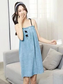 1pc Cute Women's Bath Towel, Shower Dress, Quick Drying Hair Cap, Bathrobe, Bow Knot Hair Towel, And Sling Sleep Dress - Dusty Blue - View 4
