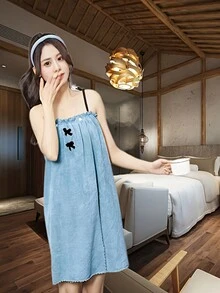 1pc Cute Women's Bath Towel, Shower Dress, Quick Drying Hair Cap, Bathrobe, Bow Knot Hair Towel, And Sling Sleep Dress - Dusty Blue - View 2