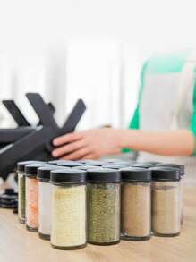 1pc Ferris Wheel Rotating Glass Spice Rack Set, With 18 Glass Spice Jars And Pvc Black Sticker, White Liquid Pen And Foldable Funnel Included - Black - View 5