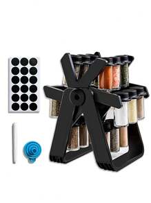 1pc Ferris Wheel Rotating Glass Spice Rack Set, With 18 Glass Spice Jars And Pvc Black Sticker, White Liquid Pen And Foldable Funnel Included - Black - View 1