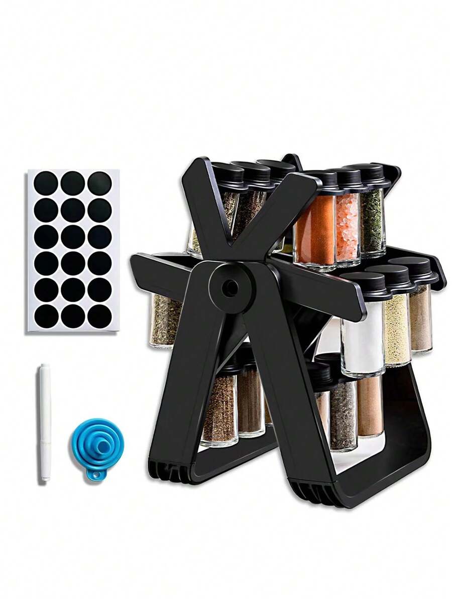 1pc Ferris Wheel Rotating Glass Spice Rack Set, With 18 Glass Spice Jars And Pvc Black Sticker, White Liquid Pen And Foldable Funnel Included - Black - View 1