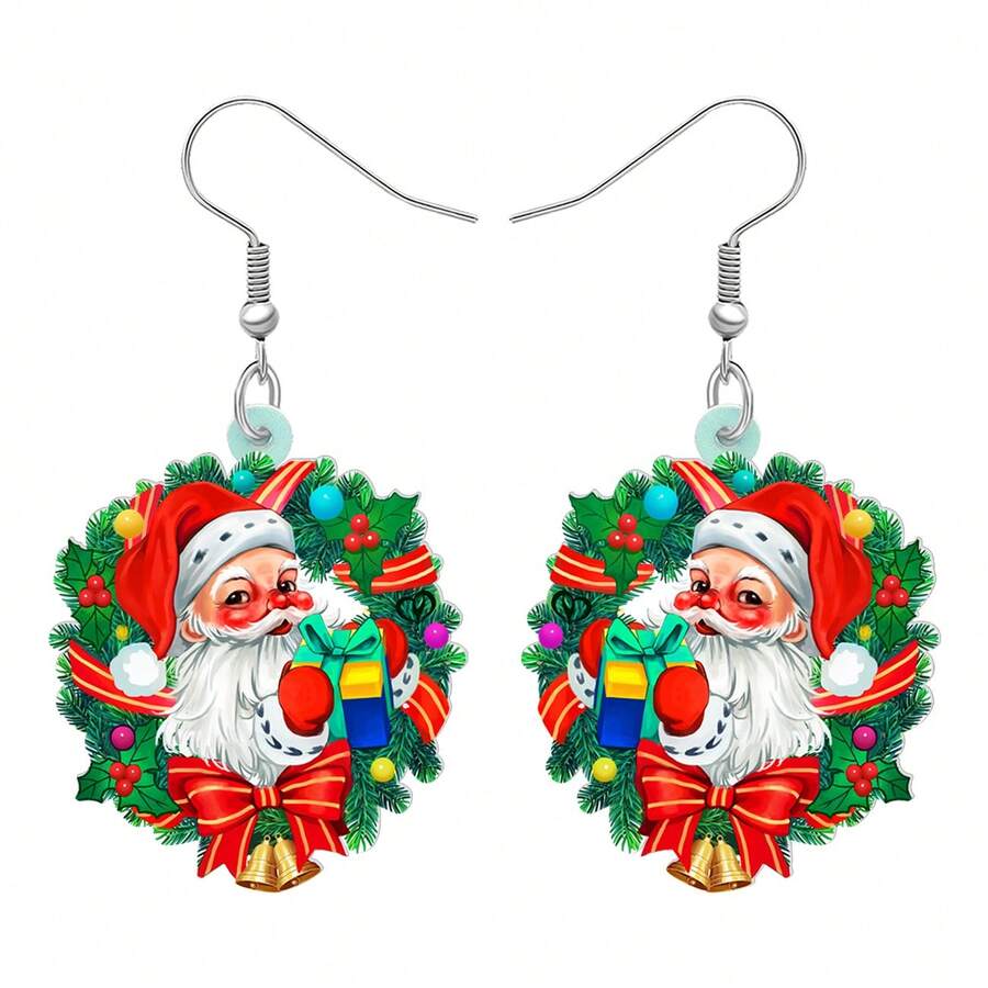 1對亞克力可愛聖誕樹花環聖誕老人耳環,女孩兒童魅力禮物裝飾派對禮物 - 玫紅色 - 查看 1