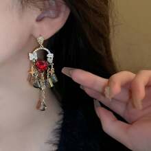 1 對 925 銀針鑲嵌流蘇吊墜耳環,復古風格珠寶適合女士日常佩戴和節日送禮 - 粉色 - 查看 5