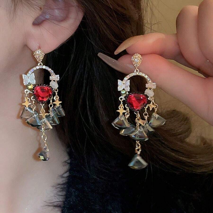 1 對 925 銀針鑲嵌流蘇吊墜耳環,復古風格珠寶適合女士日常佩戴和節日送禮 - 粉色 - 查看 1