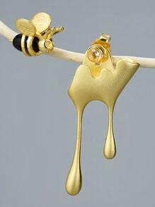 ESBERRY 1對女士蜜蜂和滴蜜不對稱耳釘，S925純銀華麗時尚首飾禮物，適合派對假期使用