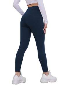 1 件冬季加厚保暖内衬女士打底裤，带斜口袋，柔软保暖纯色紧身裤 - 藏蓝色 - 查看 5