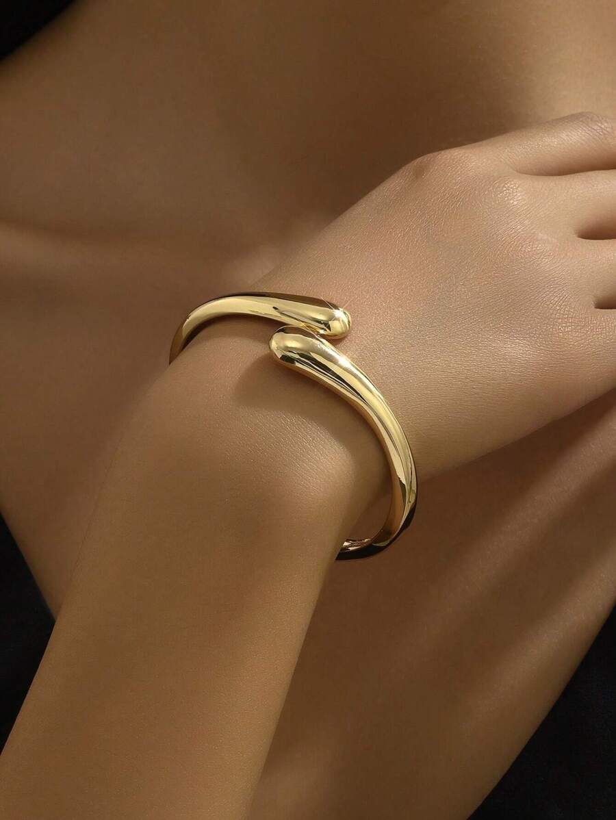 1 Pieza Brazalete De Moda Con Forma Doble Simétrica De Gota Con Múltiples Colores. Estilo Sofisticado, Dulce, Elegante Con Un Diseño Simple Y Vintage. Estilo Europeo Y Americano Con Una Sensación Sofisticada. Perfecto Para Uso Diario, Trabajo, Reuniones, Fiestas, Citas Románticas, Sesiones De Fotos, Negocios O Cualquier Otra Ocasión Elegante. - Dorado - Ver 1