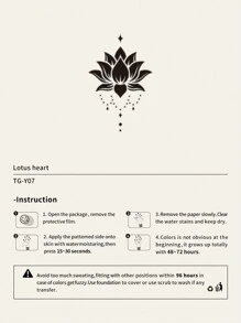 1 件莲花心草防水纹身贴，持续 7-15 天，别致优雅的中国风莲花图案，适用于锁骨、手臂、颈部、胸部，适合女性 - 黑色 - 查看 4