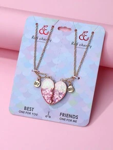 2入組少女可愛磁力吸引項鍊,鋅合金心形和閃爍環氧樹脂,適用於日常穿著 - 彩色 - 查看 2