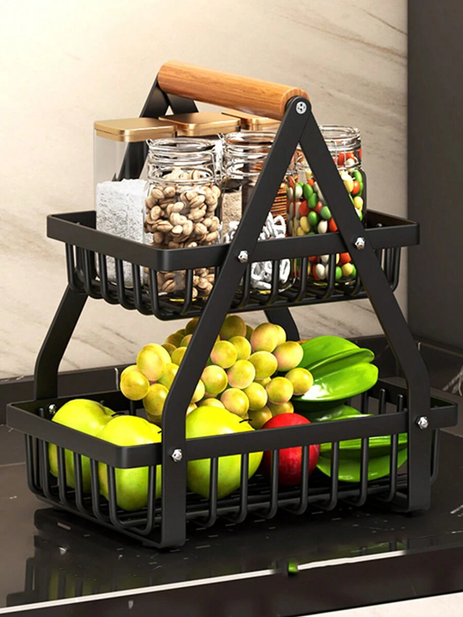1pc Basket, Fruit Container Bowl Fruit Dish, Home Creative Snack Bread Storage Drainage Basket, Table Snack Display Tray Picnic Basket - Black - View 1