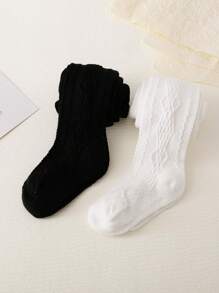 2pcs Japanese Style Girls' Simple Relief Diamond Patterned Tights - Black and White - View 3