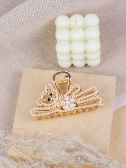 C&J FLORI 1 PINZA PARA EL CABELLO  / GARRA PARA EL CABELLO DE METAL EN FORMA DE OSO 8 CM DE LARGO, DECORADA CON PERLAS