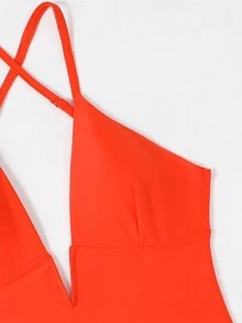 Solid Color V-Neck Backless Sexy One-Piece Swimsuit Summer - Orange - View 5