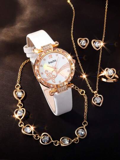 6 件优雅可爱的女孩白色皮革石英手表日常万能手表最佳水钻项链手链耳环戒指女孩的最佳礼物万圣节装饰圣诞礼物返校季