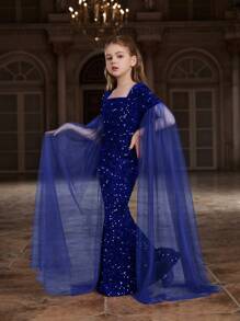 Tween Girl Sparkly Mermaid Dress With High Neckline And Extra Long Sheer Sleeves - Royal Blue - View 2