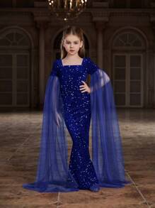 Tween Girl Sparkly Mermaid Dress With High Neckline And Extra Long Sheer Sleeves - Royal Blue - View 4