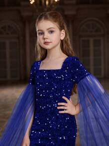 Tween Girl Sparkly Mermaid Dress With High Neckline And Extra Long Sheer Sleeves - Royal Blue - View 5
