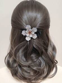 1 件女式藍色水鑽雙層花朵馬尾辮三齒夾髮夾時尚通勤派對禮物 - 藍色 - 查看 8