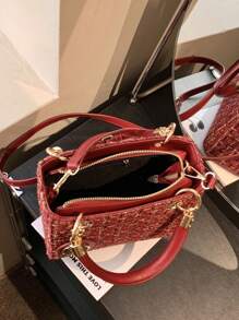 女士手提包精美酒红色圣诞礼品包大容量单肩包，包包女士优雅 - 玫瑰紅 - 查看 5