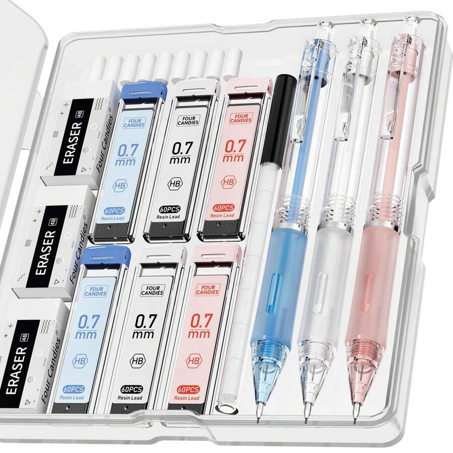Mechanical Pencil Set,3 Pcs Lead Pencil 0.7 Mm,With 6 Tubes Of Pencil Lead,3 Jelly Erasers,Mechanical Pencils For Writing,Drawing And Sketching,Designed For Students,Office Workers,Girls,Boys And Teenagers - 彩色 - 查看 1