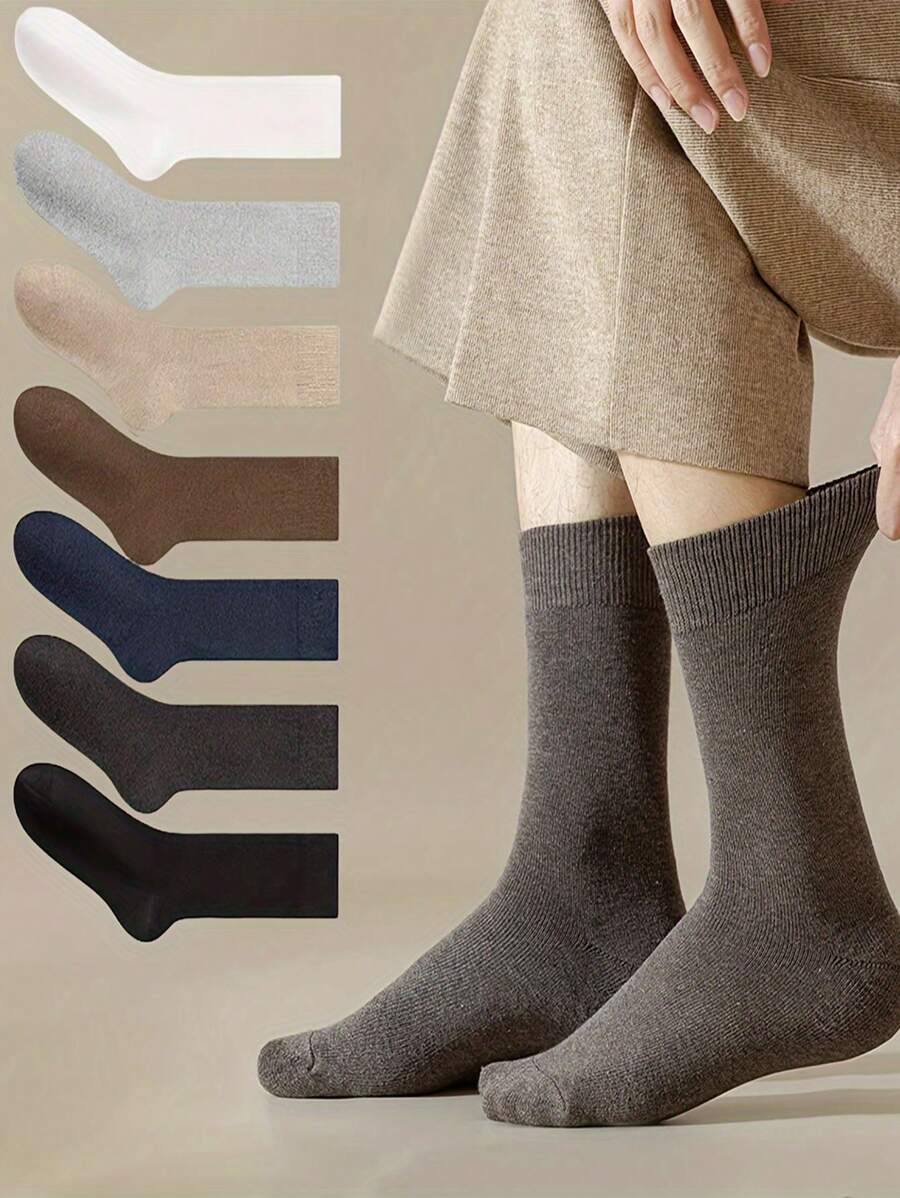 7pairs/Set Men's Solid Color Comfortable Mid-Calf Socks, Versatile Style, Fall