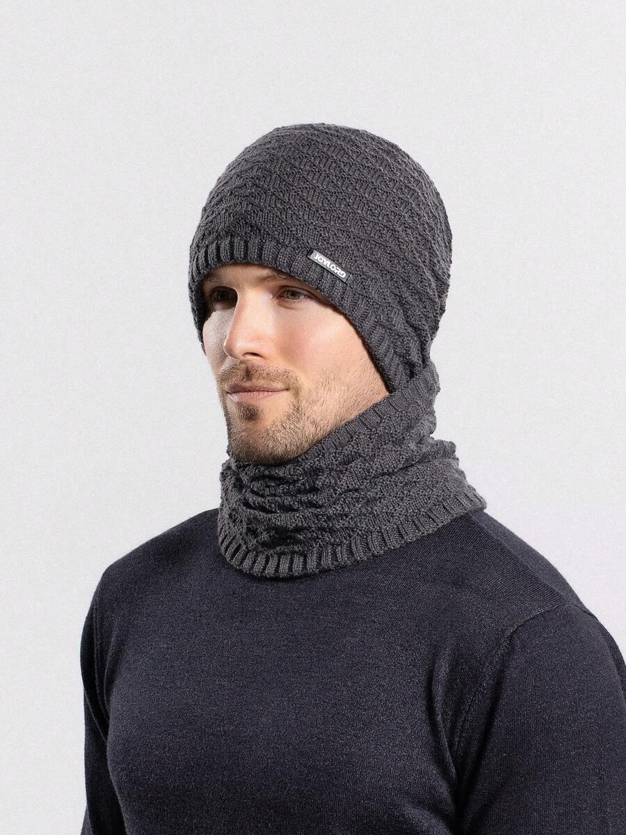 JOYLORD Winter Knit Hat And Scarf Set For Men, Outdoor Ear Protection, Thermal Lined , Warm Headgear - Grey - View 1