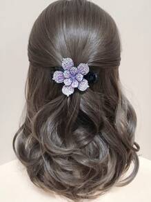 1 件女式藍色水鑽雙層花朵馬尾辮三齒夾髮夾時尚通勤派對禮物 - 藍色 - 查看 11