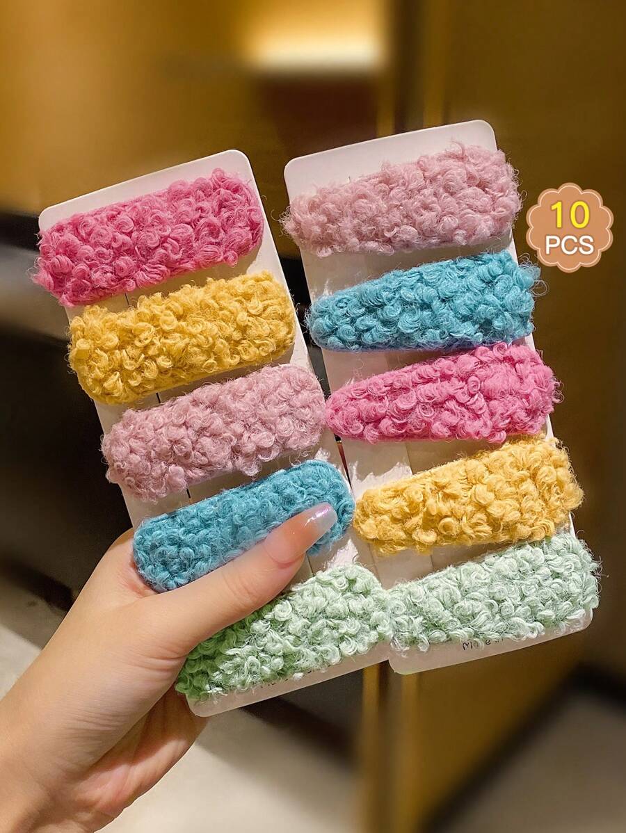 10入組可愛彩色小羊毛絨bb髮夾,適合孩子 - 彩色 - 查看 1