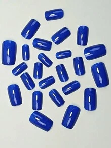 24 件裝 Y2k 寶藍色光澤實心假指甲假指甲中光澤壓克力全覆蓋簡單按壓指甲套件適合女士和女孩人造指甲和 1 張膠帶和 1 件指甲銼 - 寶藍色 - 查看 2