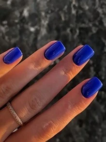 24 件裝 Y2k 寶藍色光澤實心假指甲假指甲中光澤壓克力全覆蓋簡單按壓指甲套件適合女士和女孩人造指甲和 1 張膠帶和 1 件指甲銼 - 寶藍色 - 查看 1