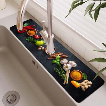 1 Pieza Alfombrilla De Secado De Silicona Antideslizante Con Patrón De Condimentos, Múltiples Tamaños Para Diferentes Grifos, Accesorio De Cocina Y Baño