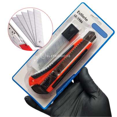 Estilete Profissional 18mm Com Trava + 3 Lâminas Resistente Cabo Emborrachado LE1986SHE